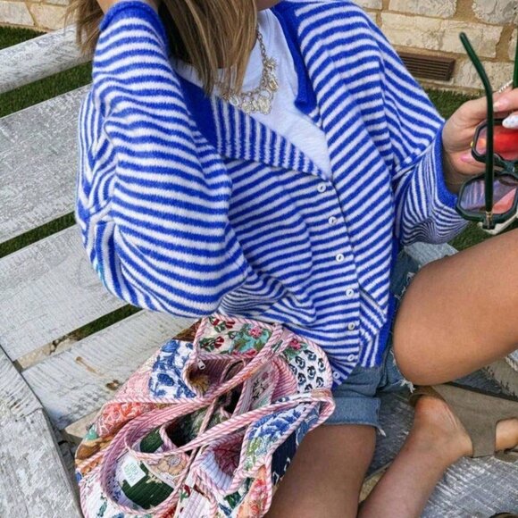 Casual Women's Vivid Style Street Loose Striped Knit Cardigan Sweater - Picture 3 of 10